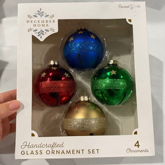 December Home Other - 4pcs Christmas Tree Ornaments Handcrafted Glass, Stars Red Blue Gold Green